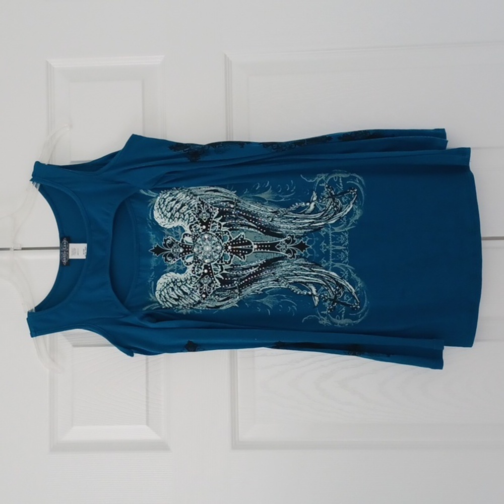 Bling Teal Blue Angel Wing Cross Rhinestone Long Sleeve Open Shoulder Top